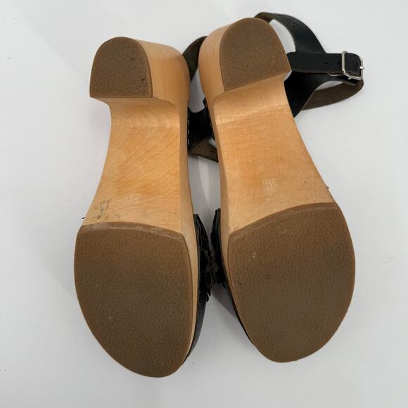 Swedish Hasbeens Size 39 (US 9) Fringe Black Leather Clog Sandal Heels Wood Shoe - Picture 12 of 16